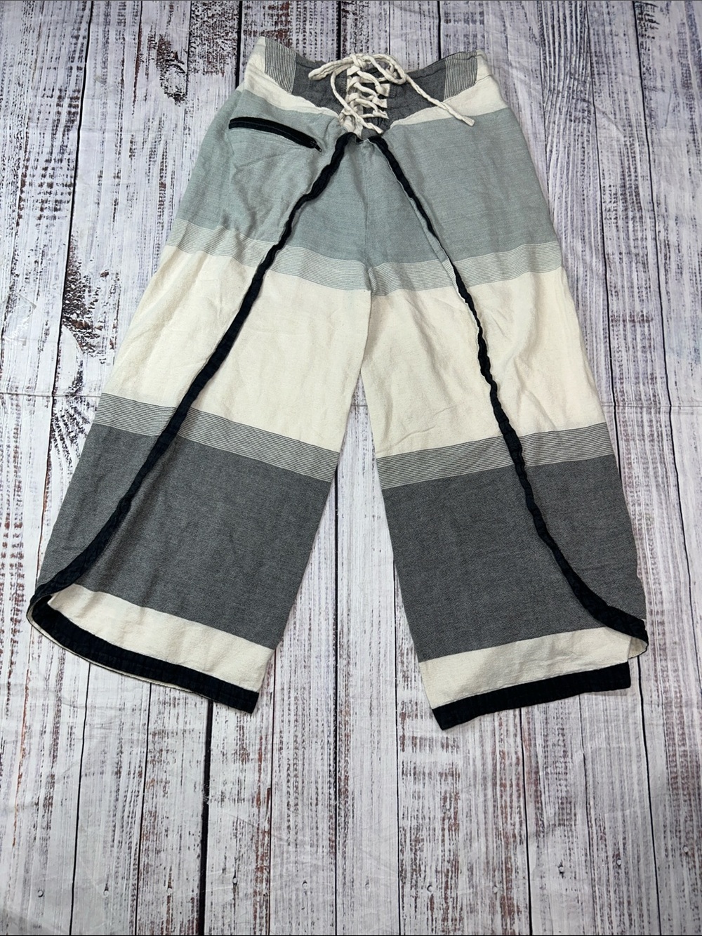 Wide Leg Striped Linen Blend Pants in Cream & Gray - Picture 2 of 6